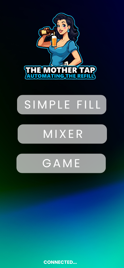 MotherTap app interface showing automatic water bottle filling system with simple fill, mixer, and game controls